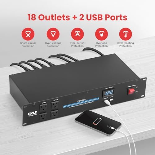 PylePro PDU Power Strip Surge Protector - 3000 Watt 15 Amp 20 Outlet Heavy Duty Electric Extension Cord - 2U Rack Mount Power Conditioner w/ AC Filter - PCO885