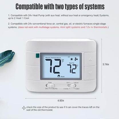 Aowel 2 Heat/ 1 Cool Non-Programmable Thermostat for Home Heat Pump System and Conventional Single-Stage System, with Room Temperature & Humidity Monitor (White Backlit Screen)