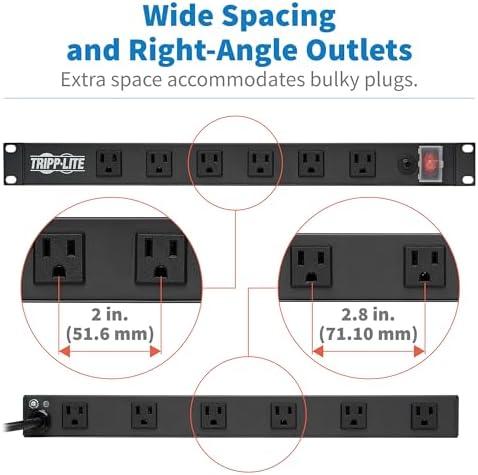 Eaton Tripp Lite 12-Outlet 1U Rack Mount Power Strip PDU, Six Front & Six Rear Facing Outlets, 15A, 120V, 15ft Extension Cord with Flat Plug, Rackmount for DJ Equipment and Server Racks (RS1215-RA)
