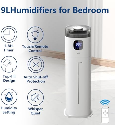 KZF Large Humidifier for Bedroom, 9L/2.5Gallon Ultrasonic Cool Mist Humidifier with Humidistat, 360°Nozzle, 350ML/H Big Mist Level, Suitable for Kids Room Livingroom Yoga Office Plant，White