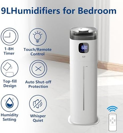 KZF Large Humidifier for Bedroom, 9L/2.5Gallon Ultrasonic Cool Mist Humidifier with Humidistat, 360°Nozzle, 350ML/H Big Mist Level, Suitable for Kids Room Livingroom Yoga Office Plant，White