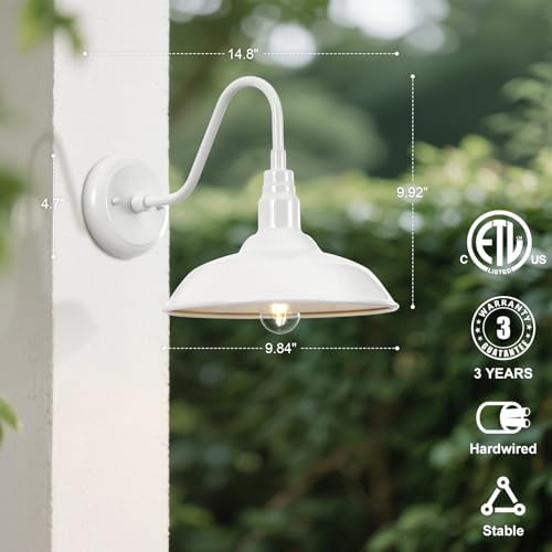 Outdoor Gooseneck Barn Light Fixture with Wall Mount, 10'' Diameter White Exterior Waterproof Wall Lantern for Porch, Farmhouse Wall Sconce, 2 Pack, LM2201-WH-2P