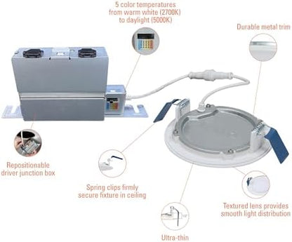 HALO HLB 4 inch LED Recessed Light, Thin Canless, Dimmable w/Selectable Color Temperatures, 6-Pack - HLB40699FS1EMWR-6PK