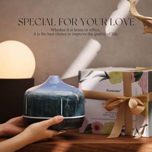 Porseme 500ml Glass Essential Oil Diffuser Aromatherapy Ultrasonic Cool Mist Humidifier 15-21 Running Hours Waterless Auto-Off Air Diffusers for Sleeping Yoga Working Spa(Dreamy Blue)