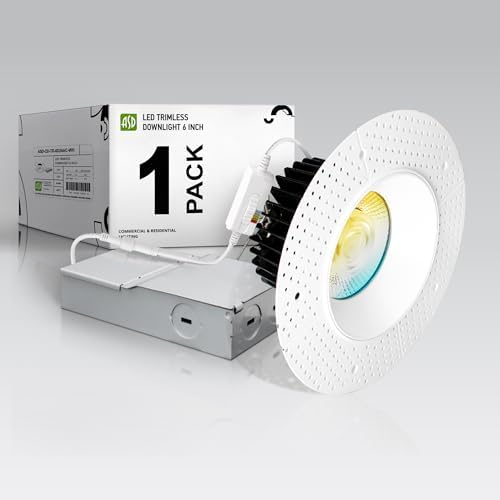 ASD 6 Inch Trimless LED Recessed Ceiling Light Fixture, Mud-in Canless Downlight with Junction Box, 5CCT Selectable 2700K-5000K, 24W 2075 Lumens, CRI90+, Anti-Glare, Dimmable, IC & Wet Rated, ETL