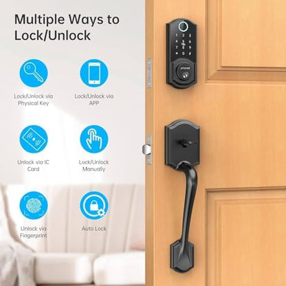 SMONET Smart Lock for Front Door, Keyless Entry Door Lock with Handle Set, Fingerprint Digital Keypad Deadbolt with App Control, Bluetooth Smart Lock, Auto Lock, Alexa Compatible, Black