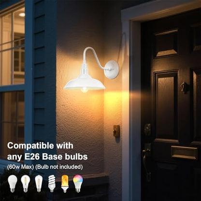 Outdoor Gooseneck Barn Light Fixture with Wall Mount, 10'' Diameter White Exterior Waterproof Wall Lantern for Porch, Farmhouse Wall Sconce, 2 Pack, LM2201-WH-2P