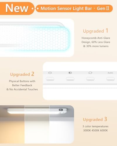 WILLED Under Cabinet & Closet Lights, Motion Sensor, Rechargeable, Magnetic, 3 Color Temps, Dimmable LED Light Bar for Indoor Kitchen Counter (2 Pack, White)