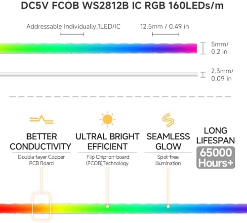 BTF-LIGHTING FCOB COB WS2812B IC RGB LED Strip DC5V 13.1FT 640LED 5mm IP30
