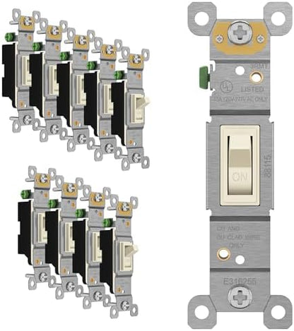 ENERLITES 10 Pack Toggle Light Wall Switch, Single Pole, Light Almond