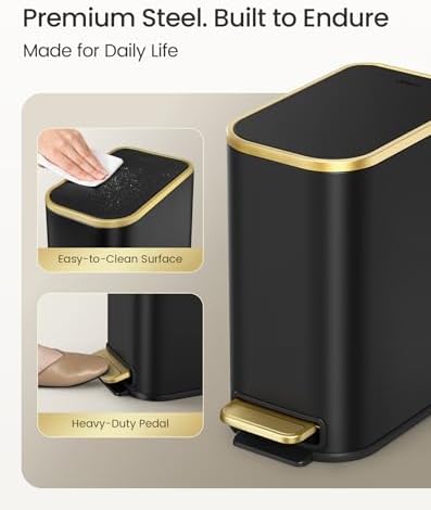 Cesun Small Bathroom Trash Can with Gold Grimmed Lid & Pedal, 1.3Gal, Black