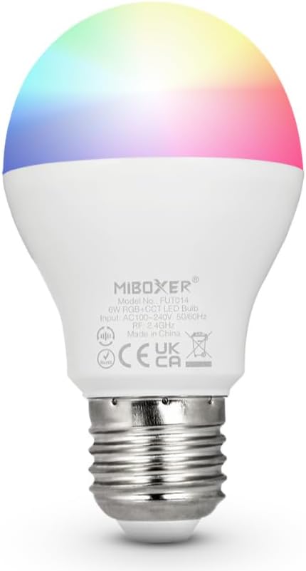 MiBOXER FUT014 E26 6W RGB+CCT LED Bulb 2.4G, 2.4G RGB+CCT Bulb, Bulb, 2.4GHz RF Remote Controllable