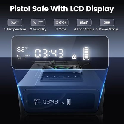 XDeer Smart Biometric Gun Safe for Handgun, 4 Ways Quick Access Fingerprint Gun Safes,Bluetooth App Control, Nightstand Smart Safes Box with Wireless Charging for Phone, Gun Safe Alarm Clock 1pcs