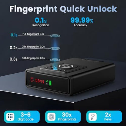 XDeer Biometric Gun Safe for Handgun with Wireless Charging, Quick Access Fingerprint Gun Safes, Bedside Pistol Case, 7/24 Digital Alarm Clock Small safe 1PCS