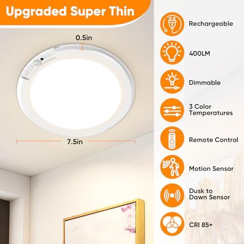 Rechargeable Motion Sensor Ceiling Light, Battery Operated Closet Light
