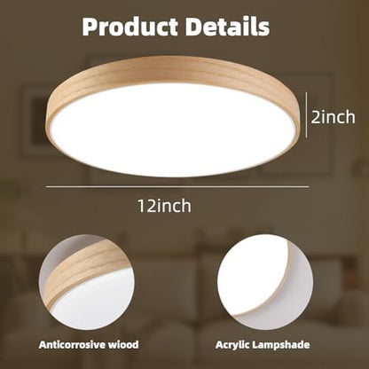 Smart WiFi LED Ceiling Light 12" Modern Wood Flush Mount with Remote