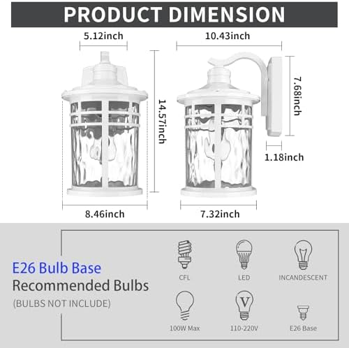 Darkaway Outdoor Wall Light Fixture,2pcs 14.57inch Large Outside Porch Lights Wall Mounted Water Ripple Glass Exterior Waterproof Lantern Modern Wall Sconce Lighting for House Front Door