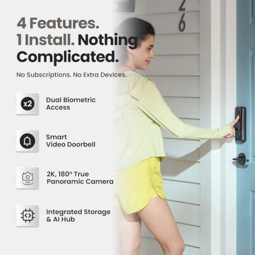 Lockin Veno Plus - All-in-One Smart Lock - Palm Vein & Fingerprint Keyless Entry - 2K 180° Ultra-Wide Camera, Night Vision, Built-in WiFi & 8GB Storage - No Monthly Fee - Dual Batteries