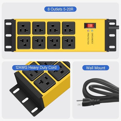 CCCEI 12 Gauge Heavy Duty Power Strip, Magnetic, 8 Ports. Yellow, 25FT, 1