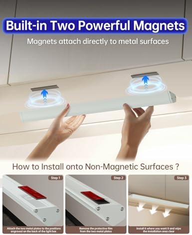 LED Under Cabinet Lighting Wireless, 2400mAh Rechargeable Cabinet Light, Battery Operated, Display Cabinet Lights, Stick on, 3-Color Shelf Lights, dimmable, with Remote Control(White, 2-Pack 12.2inch)