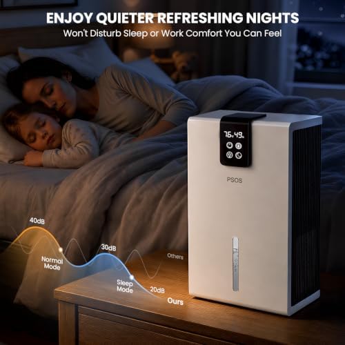 PSOS Dehumidifier, Dehumidifiers for Home, 98 OZ Water Tank, (1000 sq.ft) Quiet Dehumidifier for Basement Bathroom Bedroom with Humidity Display, Auto Shut Off, Relaxing 7 Color Ambient Light(White)