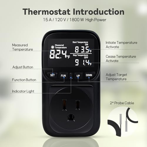 1800W Digital Thermostat for Reptile Tank, -40℉~210℉, Plug in Thermostat for Heater/Greenhouse with 5m/2m Cable, 15A Temperature Controlled Outlet with VA Display, Temp ±0.1°F, Black