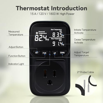 1800W Digital Thermostat for Reptile Tank, -40℉~210℉, Plug in Thermostat for Heater/Greenhouse with 5m/2m Cable, 15A Temperature Controlled Outlet with VA Display, Temp ±0.1°F, Black