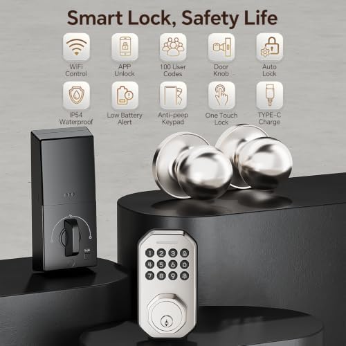 Ulecoce SL02W WiFi Keyless Entry Door Lock with Knob Set, Satin Nickel
