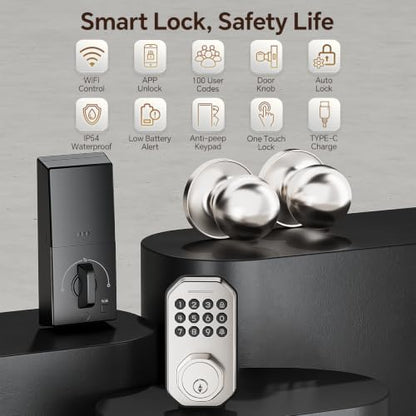 Ulecoce SL02W WiFi Keyless Entry Door Lock with Knob Set, Satin Nickel