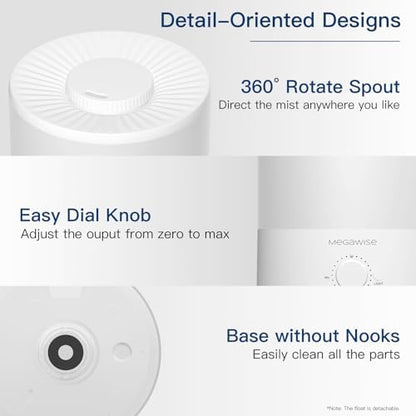 Megawise Cool Mist Humidifiers for Bedroom, 2L Tank Ultra-Quiet Humidifier for Large Room, 40H Runtime with 7 Color Ambient Light, Auto Shut-Off Protection