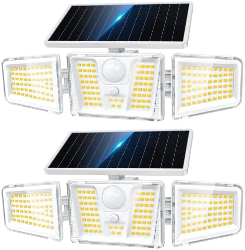 KOOPER Solar Flood Lights, 210 LED Motion Sensor Outdoor Lights, Solar Motion Lights Outdoor Waterproof, 3 Heads 300° Wide Angle Outdoor Security Lights for Yard Patio Garage Entryways, 2 Pack, White