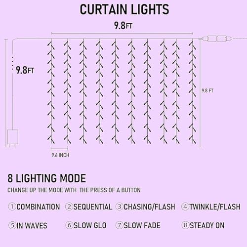 Dazzle Bright 300 LED Christmas Curtain String Lights, Halloween Fairy Lights for Bedroom with 8 Lighting Modes, Waterproof Window Light Party Wedding Garden Wall Decor, Purple