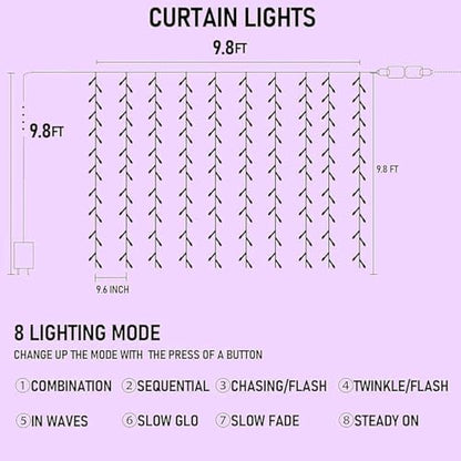 Dazzle Bright 300 LED Christmas Curtain String Lights, Halloween Fairy Lights for Bedroom with 8 Lighting Modes, Waterproof Window Light Party Wedding Garden Wall Decor, Purple