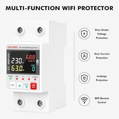 Colorful LED WiFi Smart Energy Meter, AC 63A 220VAC WiFi Earth Leakage Over Under Voltage Protector, Circuit Breaker Din Rail, Electricity Energy Monitor APP Remote Control Smart Life