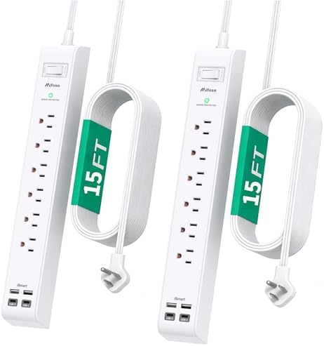 2 Pack Extension Cord 15FT, Power Strip Surge Protector with 6 Outlets and 4 USB Ports (2 USB C), Flat Plug Overload Protection, Extension Cord with Multiple Outlets, Wall Mount for Home Dorm College