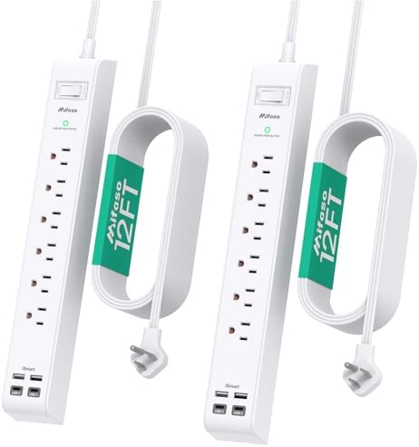 2 Pack Long Extension Cord, 12FT Power Strip Surge Protector with 6 Outlets and 4 USB Ports (2 USB C), Extension Cord with Multiple Outlets, Flat Plug Overload Protection, Wall Mount for Dorm College
