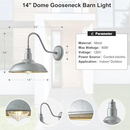 14 Inch Barn Farmhouse Outdoor Light Fixture, 2 Pack Exterior Gooseneck Lights with Galvanized Steel Finish, Outside Wall Sconce with Wall Mount for House, Porch, Patio