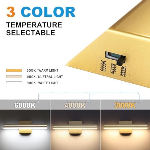SineRise LED Modern Bathroom Vanity Light Fixtures (16-Inch, 3000K/4000K/6000K, Dimmable), Gold Modern Acrylic Bathroom Wall Lighting Fixtures Over Mirror