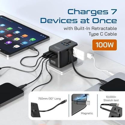 Ceptics Universal Travel Adapter, GAN 100W, 4 USB Ports & 2 Input Sockets