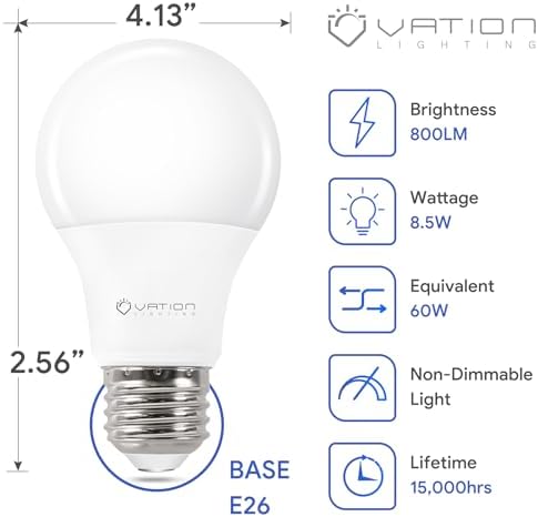 VATION LIGHTING 4 Pack A19 LED Light Bulb Daylight 5000K LED Bulbs, 60 Watt Equivalent, Efficient 8.5 Watt, 800 Lumens, E26 Medium Base, Non-Dimmable, ETL/UL Listed