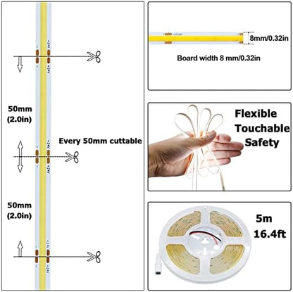 24V COB LED Strip Light Cool White 6000K 2400LEDs 16.4ft/5M 4500lm