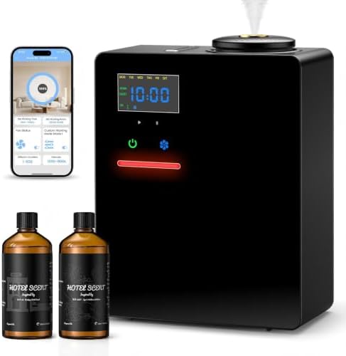 Waterless Essential Oil Diffuser with 2 x 100ML Oils, 5000 Sq.Ft Whole House Scent Machine, 200ml Cold Air Fragrance Diffuser with Bluetooth App Control for Home Hotel Office, Black