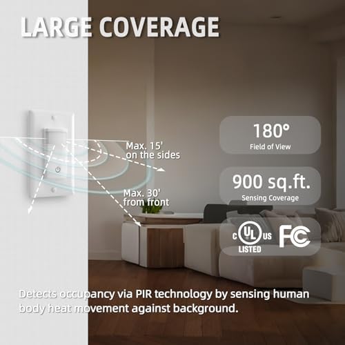 ECOELER Motion Sensor Light Switch, Single Pole No Neutral Wire Wall Switch
