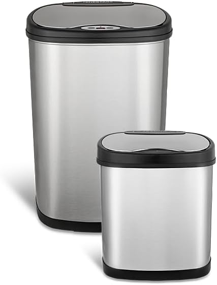 Ninestars Two-Piece Automatic Trash Can Combo Set, 13 Gal (50L) & 3 Gal (12L) Touchless Motion Sensor Garbage Cans with Odor-Sealing Lids, Matching Oval Stainless Steel, Black Trim