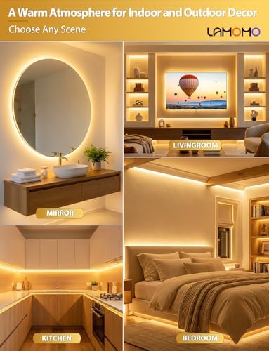Lamomo COB LED Strip Lights 65.6Ft, 2 Roll Warm White Dimmable Self-Adhesive Led Rope Light with Remote, Flexible Cuttable Waterproof 3000K Silicone Neon Tape Lights for Bedroom, Indoor, Cabinet