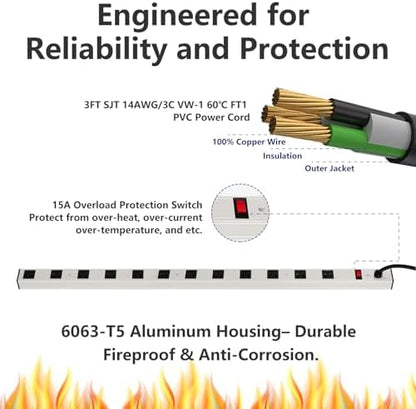 Inland 12 Outlet Long Aluminum Heavy Duty Power Strip with 3FT 14AWG Cord, 15A/1875W, Wide Spaced Outlets, ETL Listed Electrical Outlet Extender, Outlet Splitter, Ideal for Office, Garage, Workshop