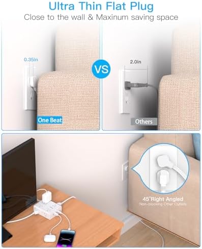 Extension Cord 10 Ft, One Beat Surge Protector Power Strip 10 Ft Long Cord