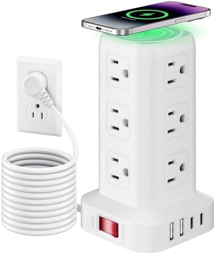 Extension Cord with Multiple Outlets, SMALLRT Power Strip Tower, 10FT Outlet Extender with 12 AC Outlets 4 USB, Power Strip with USB Ports for Home Office Dorm Room,Overload Protection