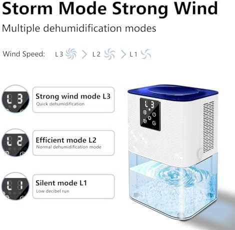 MTOX Dehumidifier, 3L/105oz Water Tank, 1100ml/Day, Dehumidifier for Bathroom Bedroom Basement RV, Quiet 28dB Sleep Mode, Auto Shut-Off, Auto Defrost, 7-Color LED Light, Digital Display (Blue White)