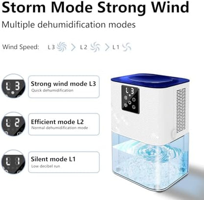MTOX Dehumidifier, 3L/105oz Water Tank, 1100ml/Day, Dehumidifier for Bathroom Bedroom Basement RV, Quiet 28dB Sleep Mode, Auto Shut-Off, Auto Defrost, 7-Color LED Light, Digital Display (Blue White)